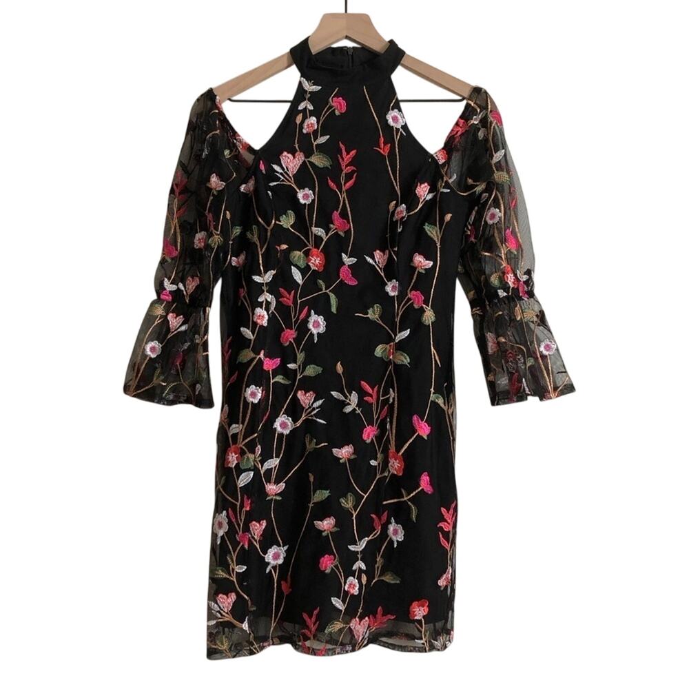 Guess Black Embroidered Floral Open Shoulder High Neck Bell Sleeves Mini Dress